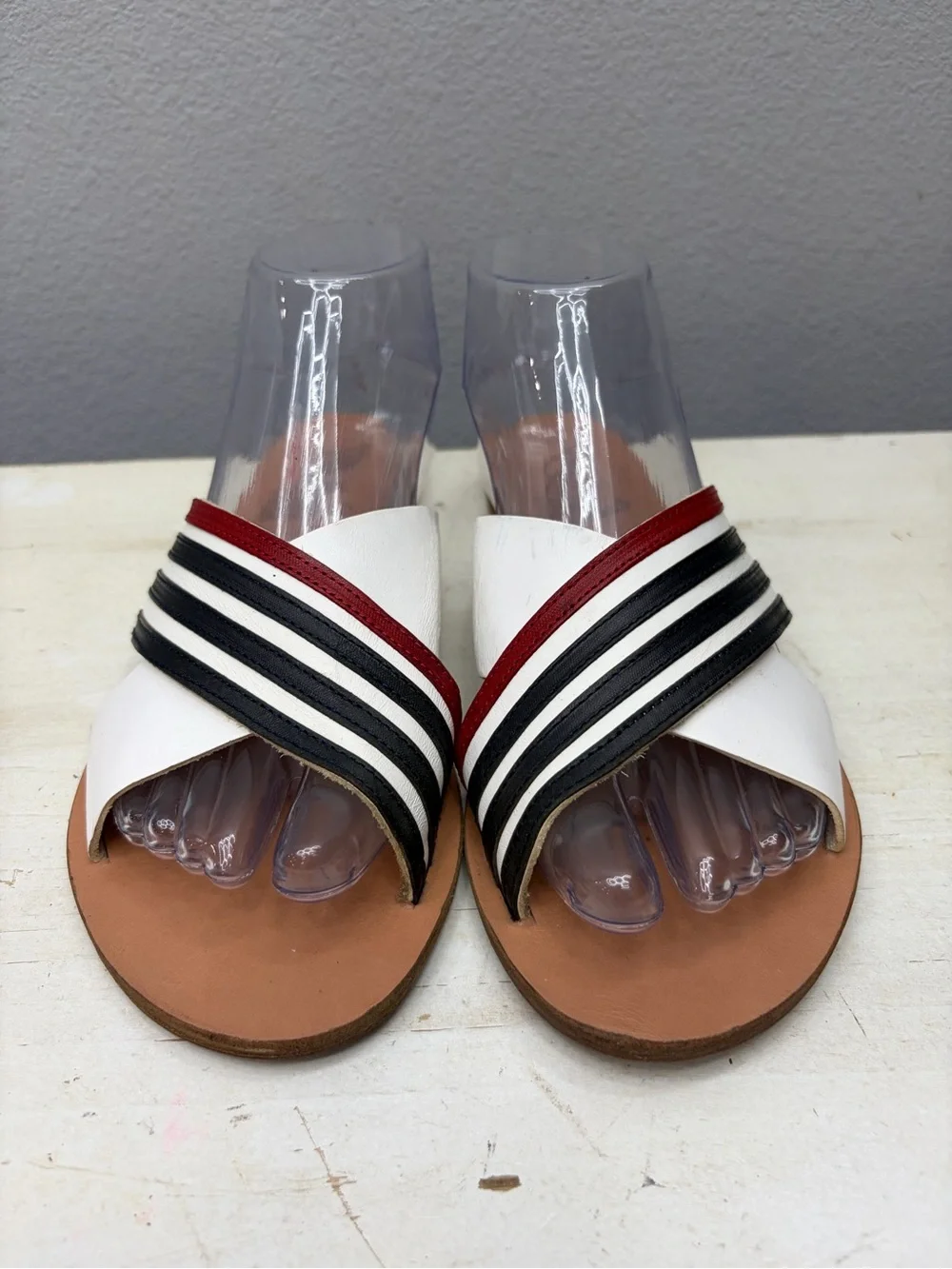 Ancient Greek Thais Red, White, And Blue Cross Cross Slide Sandals Size 39